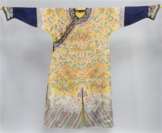 A Chinese Imperial yellow silk dragon robe, Jifu, 19th century, length 140cm